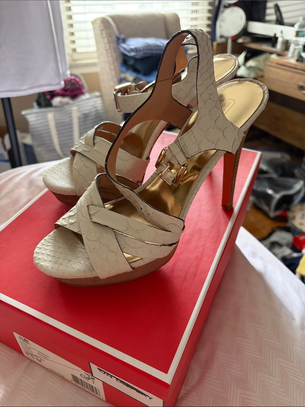 Coach Dani Cream Textured Platform Slingback Heels with Gold Buckle - 8.5